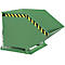 Green skip bin, slanted with yellow and black warning stripes. A chain and a metal frame on the side.