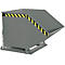 Gray tipping skip with yellow and black warning stripes. The skip is mounted on a frame.
