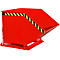 Red tipping container with yellow and black warning stripes, attached to chains.
