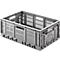 Graue, faltbare Transportbox mit orangefarbenen Griffen.