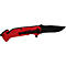 Ein rotes Klappmesser mit schwarzer Klinge und Griff. Das Messer ist halb geöffnet und die Klinge hat einen gezahnten Abschnitt.