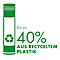 Grünes Logo mit Flasche, Recycling-Symbol, 40% aus recyceltem Plastik.