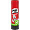 Pritt Klebestift. Roter Stift mit Aufdruck 'Pritt', grünen Blättern, '97% natural', '100% strong' und dem Pritt-Maskottchen.