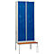Kledinglocker, 4 compartimenten, met zitbank, B 800 x H 2200 mm, draaigrendelslot, lichtgrijs/gentiaanblauw
