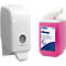 White soap dispenser and a pink soap bottle with Kleenex logo.
