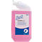 Pink soap dispenser with white pump head, Scott logo and product information.