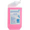 A bottle of pink soap with dispenser. Text and barcodes are printed on the back. The dispenser is white on top.