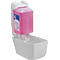 White soap dispenser with pink soap in a cartridge. The dispenser has a collection container.