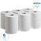 Sechs Rollen Toilettenpapier. Weisse Rollen, verpackt in Folie, mit gepunktetem Muster.