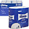 Zwei blaue Kleenex Toilettenpapierpakete: 24 Rollen mit 160 Blatt, und 4 Rollen. Kleenex Extra Comfort.