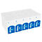 Meerdere witte tissues dozen, blauw Kleenex logo, gestapeld.
