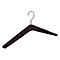 Een donkerhouten kledinghanger met een chromen haak. De vorm is modern en hoekig.