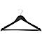 Zwarte kledinghanger op een witte achtergrond. De hanger heeft een metalen haak.