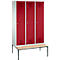 kleerkast Evolo S 3000, bankje eronder, 3 compartimenten, staal, cilinderslot, lichtgrijs/rood, lichtgrijs/rood