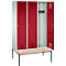 kleerkast Evolo S 3000, bankje eronder, 3 compartimenten, staal, cilinderslot, lichtgrijs/rood, lichtgrijs/rood
