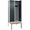 Kleiderspind C+P Evolo Plus, 2 Abteile, 400 mm Abteilbreite, mit untergebauter Sitzbank, B 800 x T 815 x H 2120 mm, Drehriegel, weißaluminium/anthrazitgrau