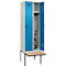 Kleiderspind C+P Evolo Plus, 2 Abteile à 300 mm Breite, schwebende Sitzbank, B 600 x T 815 x H 2120 mm, Drehriegel, lichtblau/lichtgrau