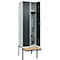 Kleiderspind C+P Evolo Plus, 2 Abteile à 300 mm Breite, schwebende Sitzbank, B 600 x T 815 x H 2120 mm, Drehriegel, lichtgrau/anthrazitgrau