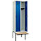 Kleiderspind C+P Evolo Plus, 2 Abteile à 300 mm Breite, schwebende Sitzbank, B 600 x T 815 x H 2120 mm, Drehriegel, lichtgrau/enzianblau