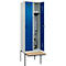 Kleiderspind C+P Evolo Plus, 2 Abteile à 300 mm Breite, schwebende Sitzbank, B 600 x T 815 x H 2120 mm, Drehriegel, lichtgrau/enzianblau