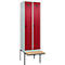 Kleiderspind C+P Evolo Plus, 2 Abteile à 300 mm Breite, schwebende Sitzbank, B 600 x T 815 x H 2120 mm, Drehriegel, lichtgrau/rubinrot