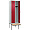 Kleiderspind C+P Evolo Plus, 2 Abteile à 300 mm Breite, schwebende Sitzbank, B 600 x T 815 x H 2120 mm, Drehriegel, lichtgrau/rubinrot