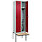 Kleiderspind C+P Evolo Plus, 2 Abteile à 300 mm Breite, schwebende Sitzbank, B 600 x T 815 x H 2120 mm, Drehriegel, lichtgrau/rubinrot