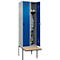 Kleiderspind C+P Evolo Plus, 2 Abteile à 300 mm Breite, schwebende Sitzbank, B 600 x T 815 x H 2120 mm, Drehriegel, weißaluminium/enzianblau