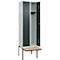 Kleiderspind C+P Evolo Plus, 2 Abteile à 300 mm Breite, schwebende Sitzbank, B 600 x T 815 x H 2120 mm, Zylinder, lichtgrau/anthratizgrau