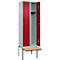 Kleiderspind C+P Evolo Plus, 2 Abteile à 300 mm Breite, schwebende Sitzbank, B 600 x T 815 x H 2120 mm, Zylinder, lichtgrau/rubinrot