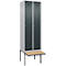 Kleiderspind C+P Evolo Plus, 2 Abteile à 300 mm Breite, schwebende Sitzbank, B 600 x T 815 x H 2120 mm, Zylinder, weißaluminium/anthrazitgrau
