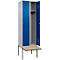 Kleiderspind C+P Evolo Plus, 2 Abteile à 300 mm Breite, schwebende Sitzbank, B 600 x T 815 x H 2120 mm, Zylinder, weißaluminium/enzianblau