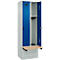 Kleiderspind C+P Evolo Plus, 2 Abteile à 300 mm Breite, Sockel, schwebende Sitzbank, B 600 x T 815 x H 1950 mm, Drehriegel, lichtgrau/enzianblau