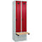 Kleiderspind C+P Evolo Plus, 2 Abteile à 300 mm Breite, Sockel, schwebende Sitzbank, B 600 x T 815 x H 1950 mm, Drehriegel, lichtgrau/rubinrot
