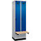 Kleiderspind C+P Evolo Plus, 2 Abteile à 300 mm Breite, Sockel, schwebende Sitzbank, B 600 x T 815 x H 1950 mm, Drehriegel, weißaluminium/enzianblau