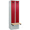 Kleiderspind C+P Evolo Plus, 2 Abteile à 300 mm Breite, Sockel, schwebende Sitzbank, B 600 x T 815 x H 1950 mm, Zylinder, lichtgrau/rubinrot