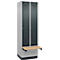 Kleiderspind C+P Evolo Plus, 2 Abteile à 300 mm Breite, Sockel, schwebende Sitzbank, B 600 x T 815 x H 1950 mm, Zylinder, weißaluminium/anthrazitgrau