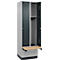 Kleiderspind C+P Evolo Plus, 2 Abteile à 300 mm Breite, Sockel, schwebende Sitzbank, B 600 x T 815 x H 1950 mm, Zylinder, weißaluminium/anthrazitgrau