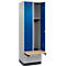 Kleiderspind C+P Evolo Plus, 2 Abteile à 300 mm Breite, Sockel, schwebende Sitzbank, B 600 x T 815 x H 1950 mm, Zylinder, weißaluminium/enzianblau