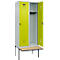 Kleiderspind C+P Evolo Plus, 2 Abteile à 400 mm Breite, schwebende Sitzbank, B 800 x T 815 x H 2120 mm, Drehriegel, lichtgrau/clowngrün