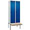 Kleiderspind C+P Evolo Plus, 2 Abteile à 400 mm Breite, schwebende Sitzbank, B 800 x T 815 x H 2120 mm, Drehriegel, lichtgrau/enzianblau