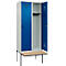 Kleiderspind C+P Evolo Plus, 2 Abteile à 400 mm Breite, schwebende Sitzbank, B 800 x T 815 x H 2120 mm, Drehriegel, lichtgrau/enzianblau