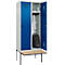 Kleiderspind C+P Evolo Plus, 2 Abteile à 400 mm Breite, schwebende Sitzbank, B 800 x T 815 x H 2120 mm, Drehriegel, lichtgrau/enzianblau