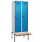 Kleiderspind C+P Evolo Plus, 2 Abteile à 400 mm Breite, schwebende Sitzbank, B 800 x T 815 x H 2120 mm, Drehriegel, lichtgrau/lichtblau