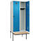 Kleiderspind C+P Evolo Plus, 2 Abteile à 400 mm Breite, schwebende Sitzbank, B 800 x T 815 x H 2120 mm, Drehriegel, lichtgrau/lichtblau