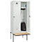 Kleiderspind C+P Evolo Plus, 2 Abteile à 400 mm Breite, schwebende Sitzbank, B 800 x T 815 x H 2120 mm, Drehriegel, lichtgrau/lichtgrau