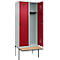Kleiderspind C+P Evolo Plus, 2 Abteile à 400 mm Breite, schwebende Sitzbank, B 800 x T 815 x H 2120 mm, Drehriegel, lichtgrau/rubinrot