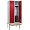 Kleiderspind C+P Evolo Plus, 2 Abteile à 400 mm Breite, schwebende Sitzbank, B 800 x T 815 x H 2120 mm, Drehriegel, lichtgrau/rubinrot
