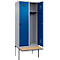 Kleiderspind C+P Evolo Plus, 2 Abteile à 400 mm Breite, schwebende Sitzbank, B 800 x T 815 x H 2120 mm, Drehriegel, weißaluminium/enzianblau