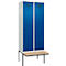 Kleiderspind C+P Evolo Plus, 2 Abteile à 400 mm Breite, schwebende Sitzbank, B 800 x T 815 x H 2120 mm, Zylinder, lichtgrau/enzianblau